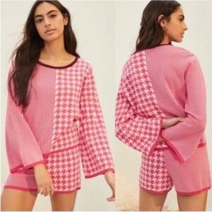 Anthropologie Dolan Pink Houndstooth Women's Sleepwear Set Top & Shorts
